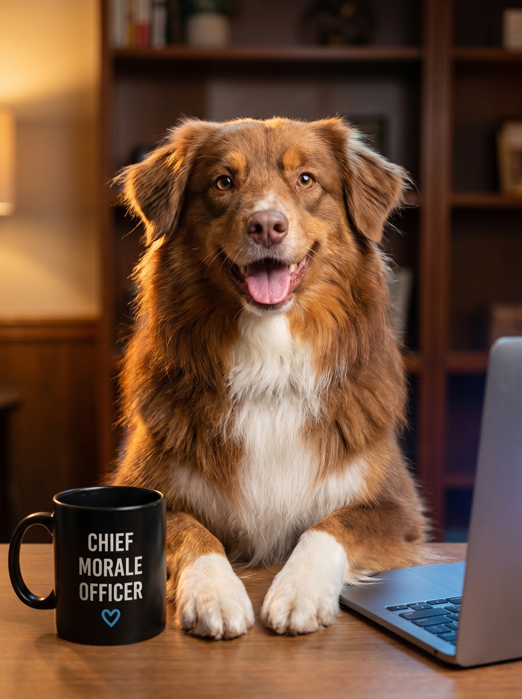 Phoenix the Australian Shepherd at a desk with a Chief Morale Officer mug and a laptop.
